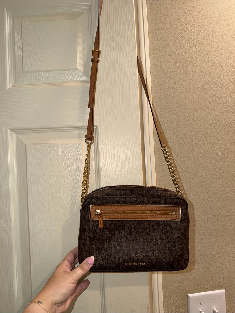 Michael Kors Dark Brown Monogram Crossbody with Tan Trim